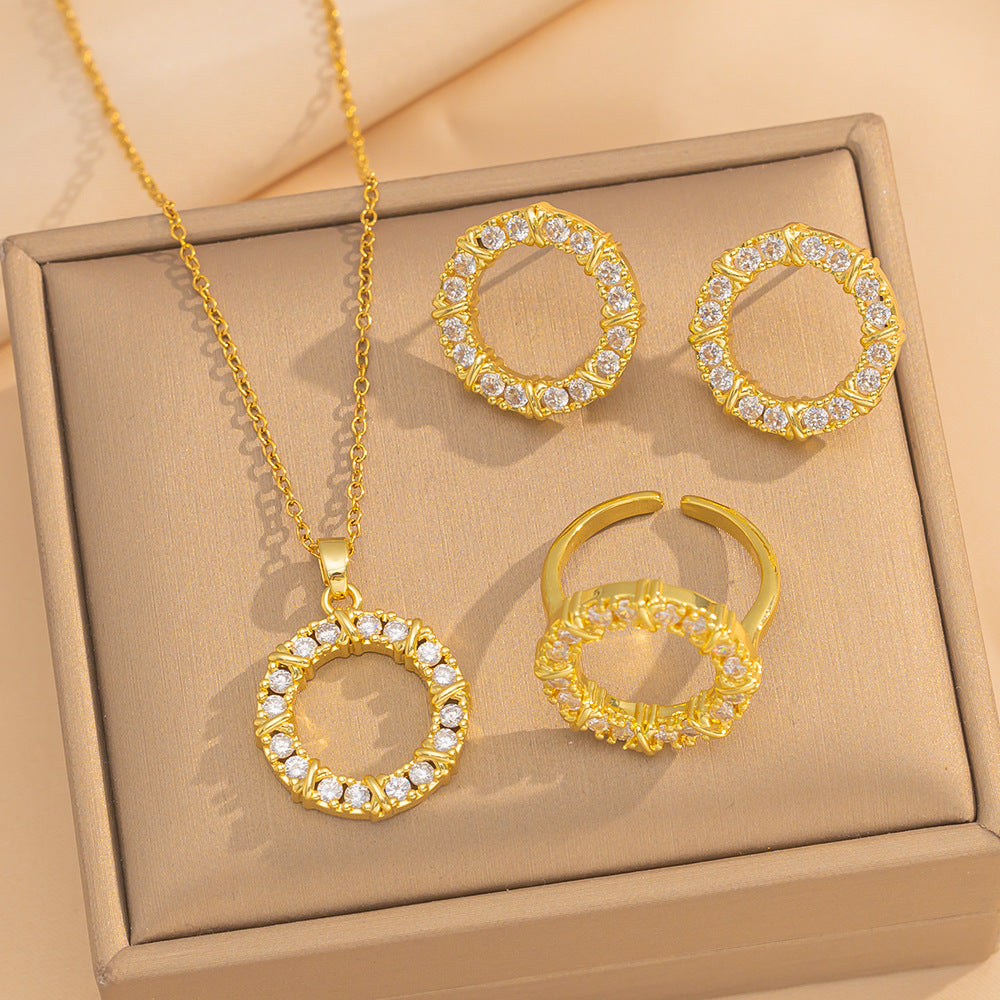 Luxury Minimalist Round Geometric Necklace Ring Set in Titanium Steel with Gold Plating and Rhinestone Inlay for Women