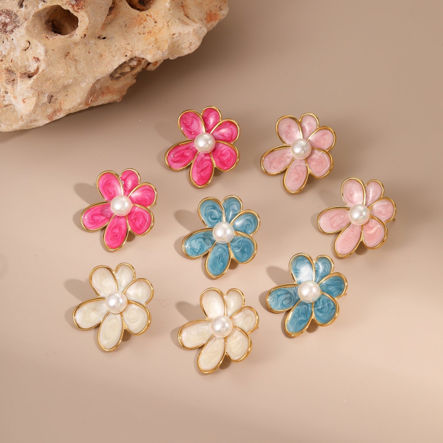 Vintage Floral Stainless Steel Earrings with Enamel Coloring and Pearl Inlay for Women
