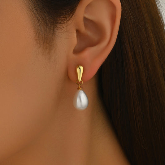 Pendientes Geométricos Minimalistas de Lujo con Forma de Gota e Incrustaciones de Perlas para Mujer, con Poste de Acero Inoxidable