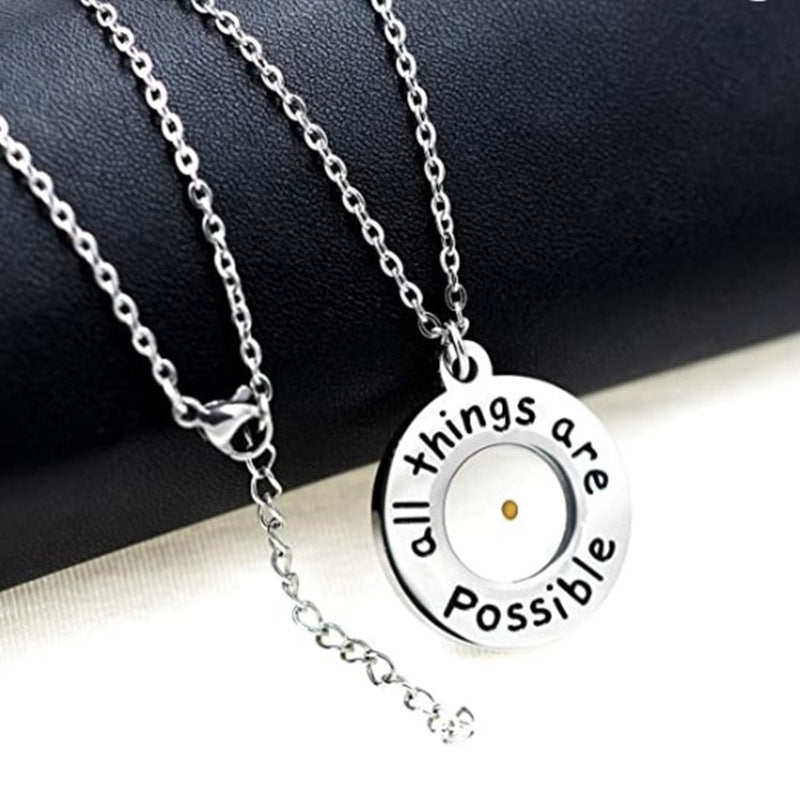 Natural Minimalist Round Engraved Mustard Seed Pendant Necklace in Stainless Steel with Titanium Steel Charm and Plated Finish