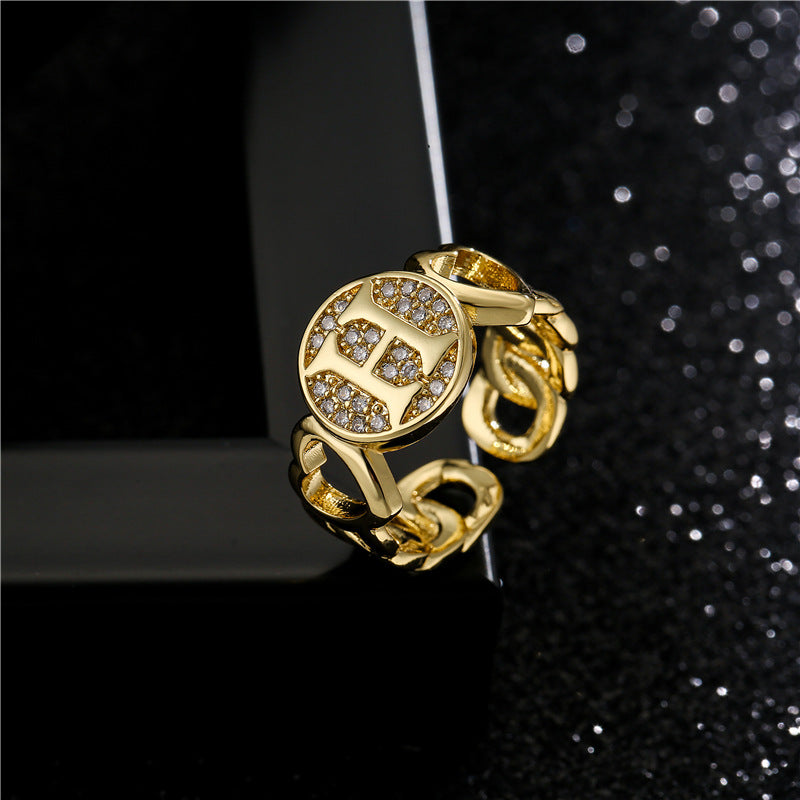 18K Gold Plated Brass Micro-Paved Cubic Zirconia Heart Letter Cuban Link Chain Open Ring for Women