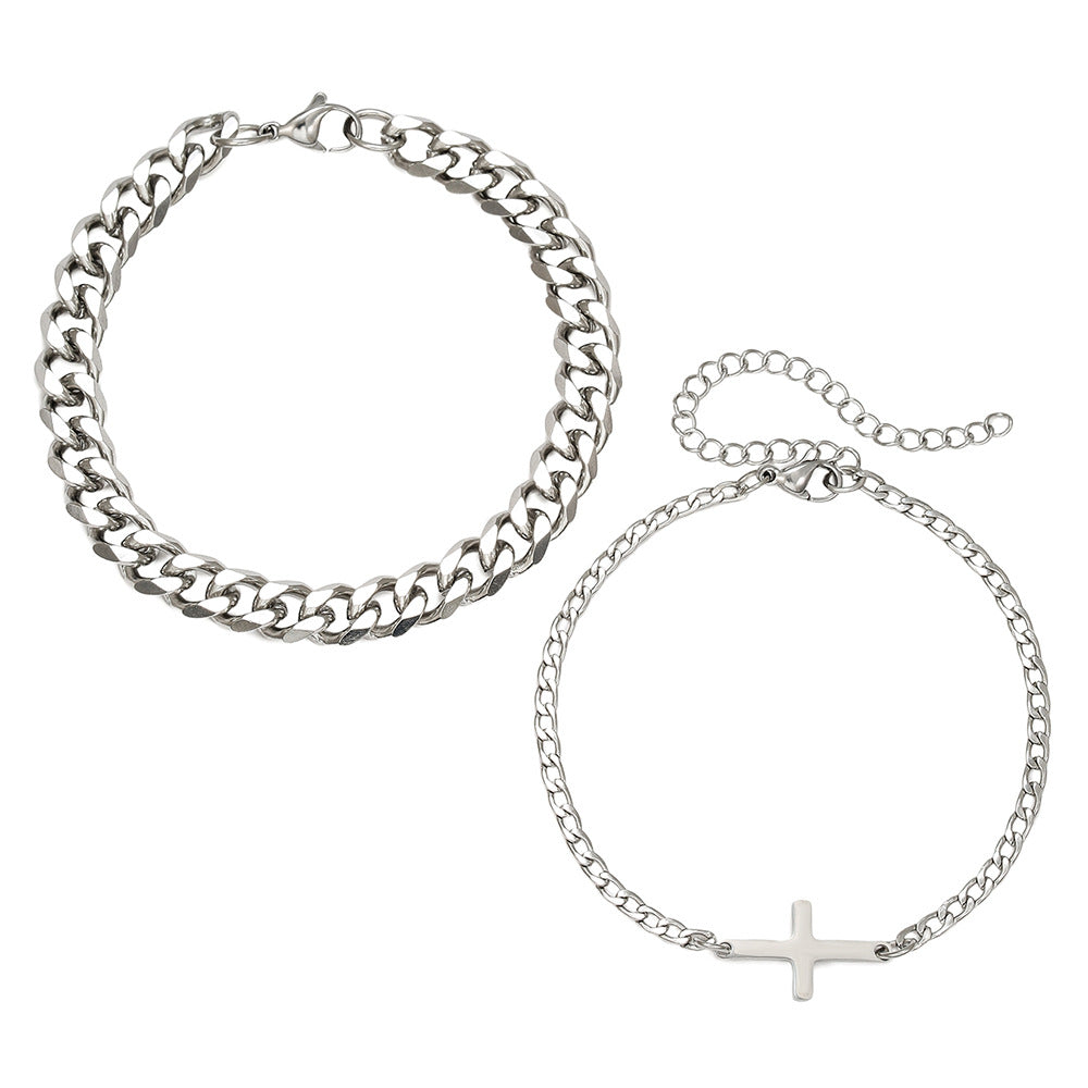 Streetwear Hip-hop Stainless Steel Cuban Link Chain Cross Geometric Bracelet Set for Unisex