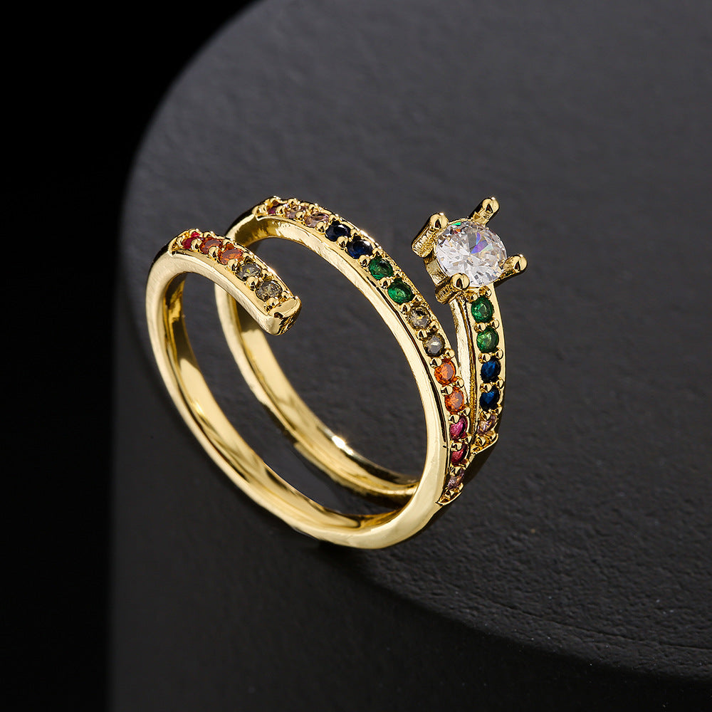 Anello aperto geometrico irregolare da donna in rame con placcatura in oro 18 carati, intarsio in zircone e accento in perla
