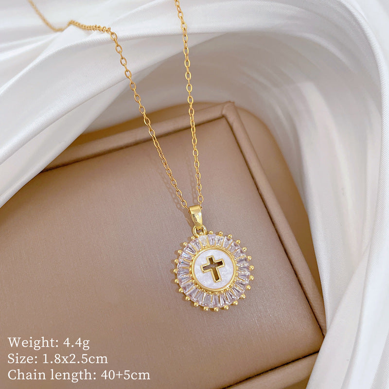 Sweet Minimalist Cross Micro-Inlaid Cubic Zirconia Brass Pendant Titanium Steel Necklace for Unisex