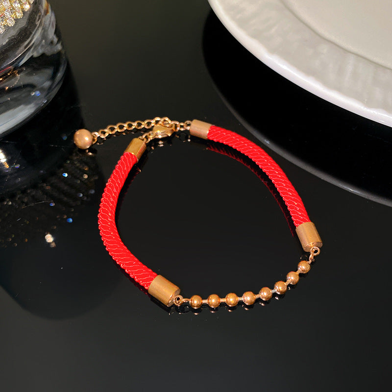 Minimalist Sweet Round Titanium Steel Plated Bracelet with Red Cord