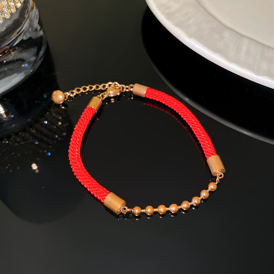 Minimalist Sweet Round Titanium Steel Plated Bracelet with Red Cord