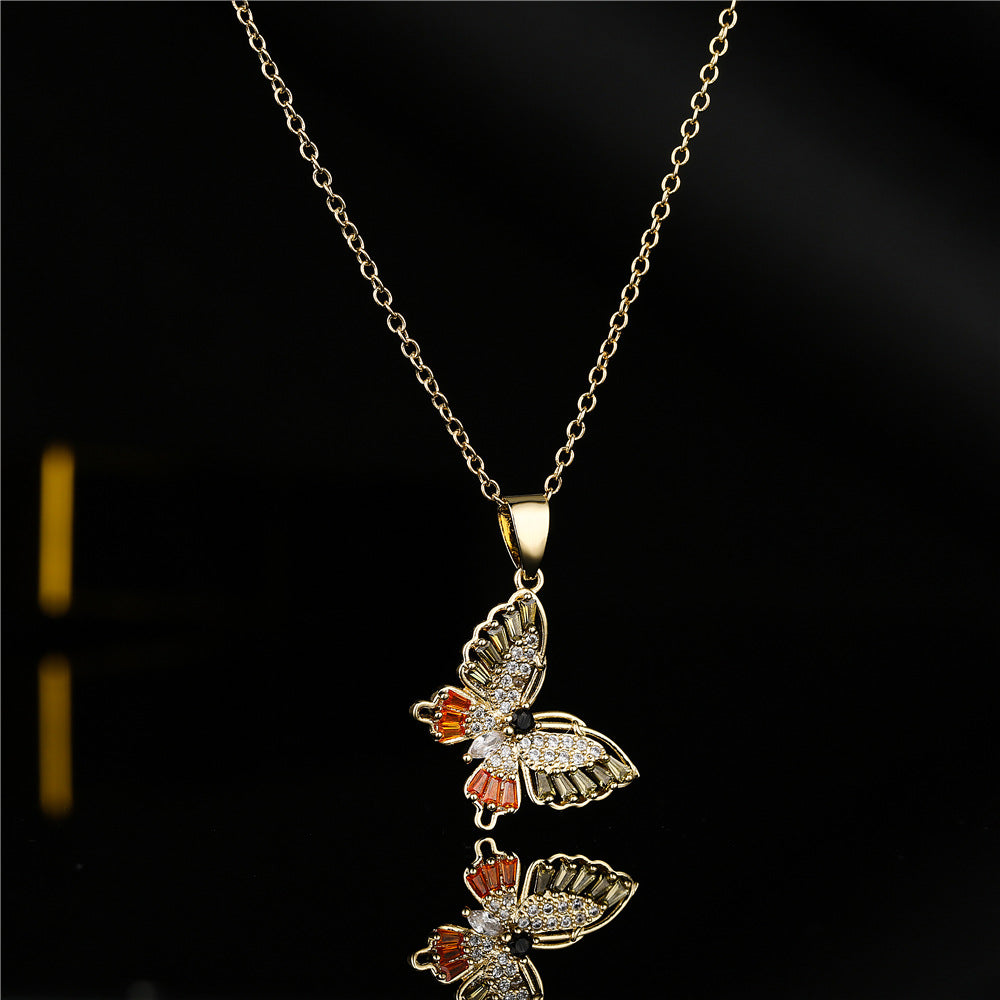 Elegant Gold Plated Brass Geometric Butterfly Necklace with Colorful Square Cubic Zirconia Inlay on Cable Chain