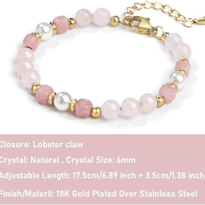 Minimalist 8mm Natural Faceted Strawberry Quartz Geometric Bracelet for Women