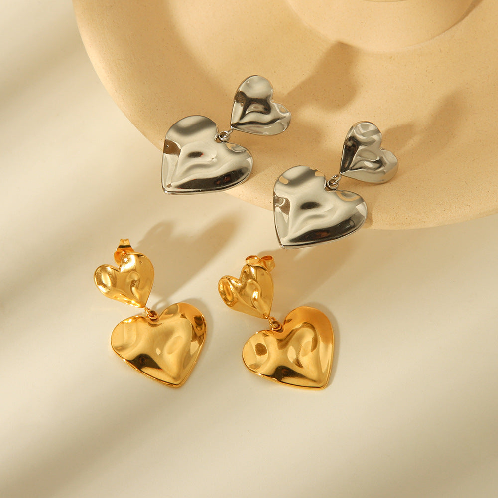 INS Style Heart-Shaped Stainless Steel Earrings with Hammered Texture and 18K Gold Plating for Women