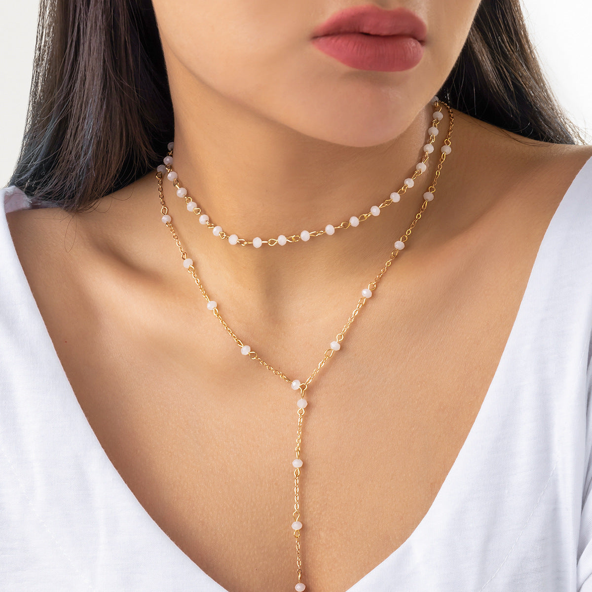 Vintage Geometric Round Crystal Plated Brass Ball Chain Necklace for Women