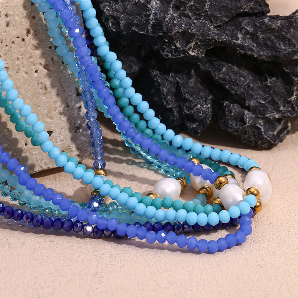 Minimalist Geometric Stainless Steel Pendant Necklace with Freshwater Pearl and Blue Crystal Beads for Women