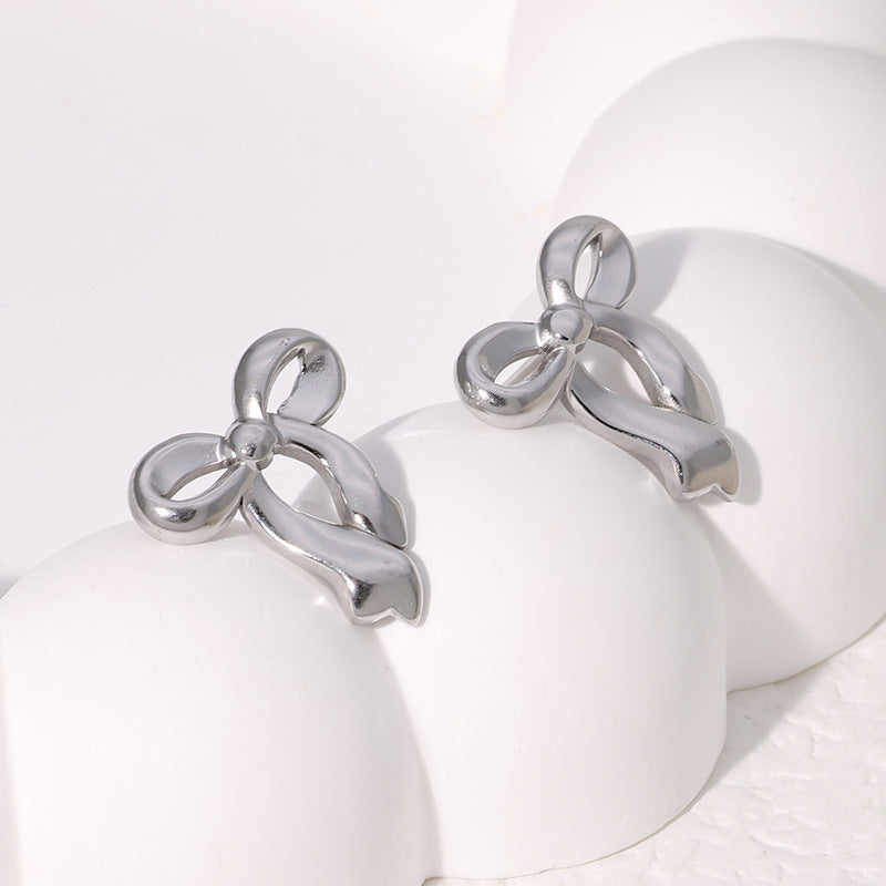 Minimalist Bow-Shaped Stainless Steel Earrings with 18K Gold Plating for Women