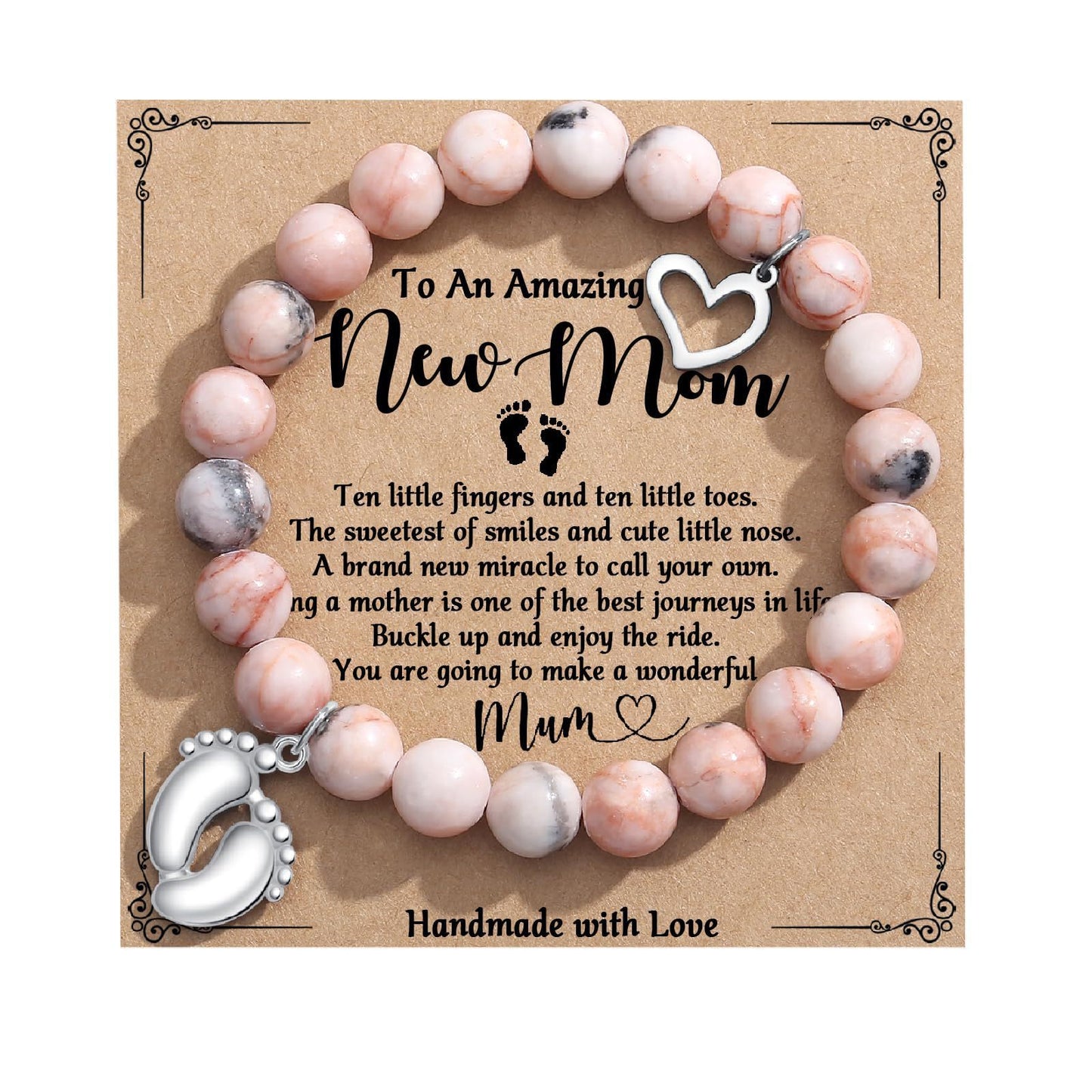 8mm Pink Zebra Agate and Imperial Turquoise Floral Heart Bracelet with Gemstone Inlay Unisex Handmade Jewelry