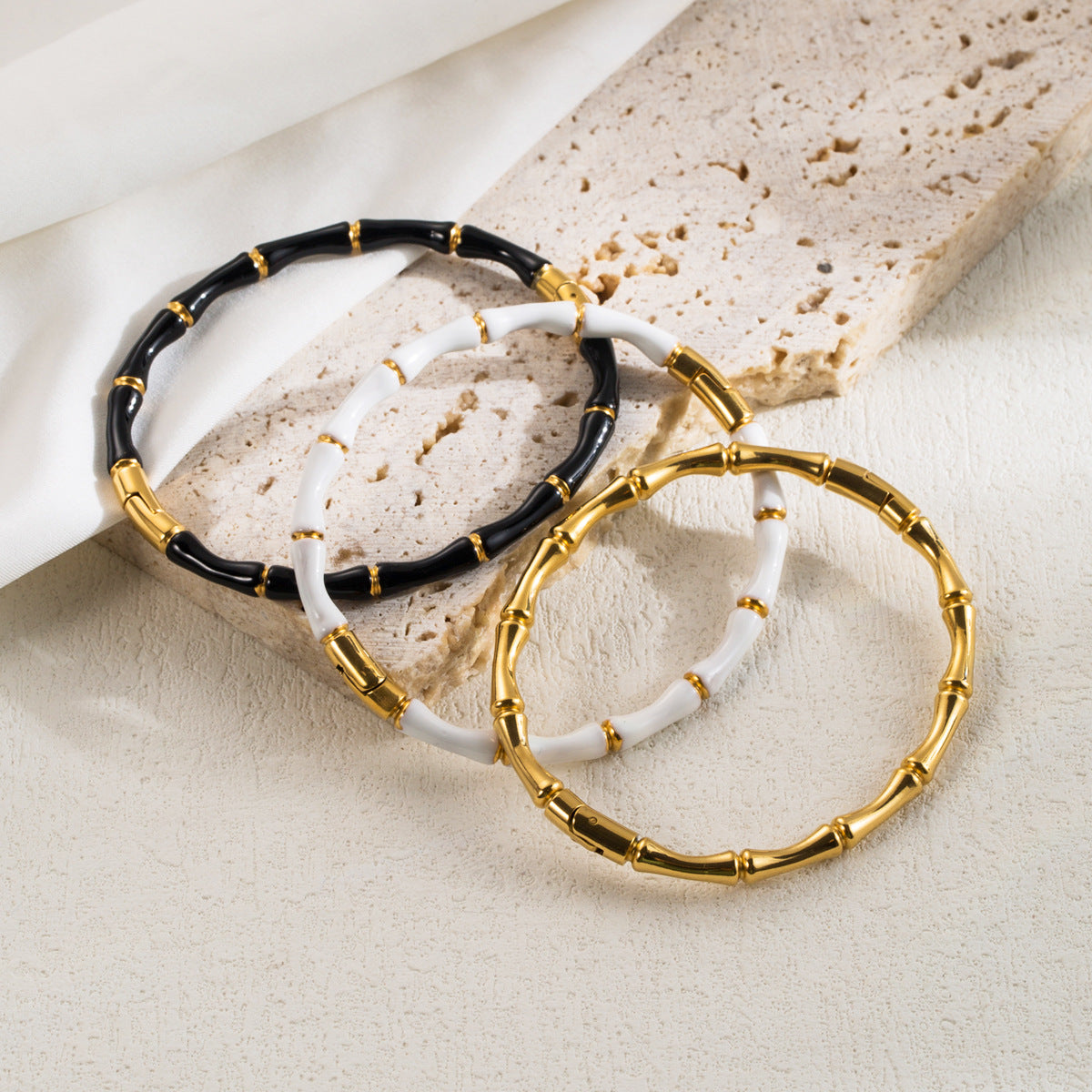 Sweet-Edgy Bamboo-Joint Stainless Steel Enamel Bangle Bracelet for Women