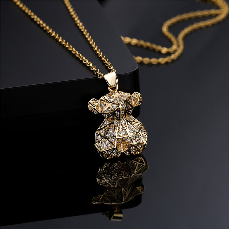 Collana Minimalista con Ciondolo Orsetto Geometrico in Rame Placcato Oro 18K con Zircone Micro-incastonato e Catena a O per Donna