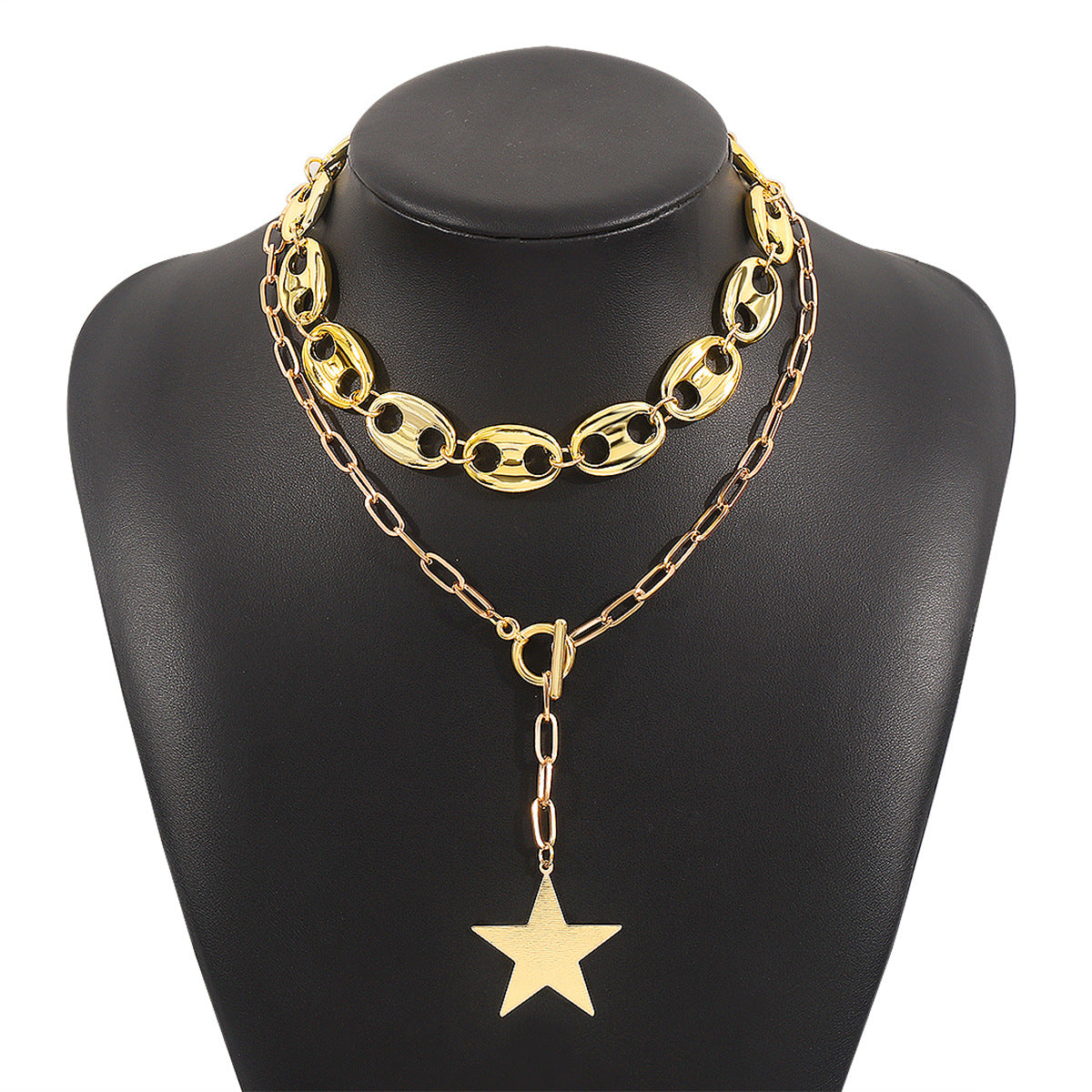 Collana con pendente geometrico minimalista a forma di stella da donna con catena in ferro galvanizzato e intarsio di strass