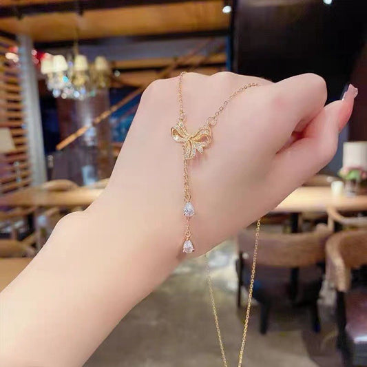 Collar de Borla y Nudo con Circones, Diseño Original, Acero de Titanio Bañado en Oro de 18K, Cadena Tipo O, Joyería Unisex