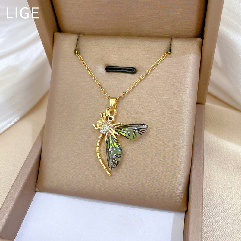 Collana di lusso in acciaio al titanio con farfalla geometrica e strass, unisex