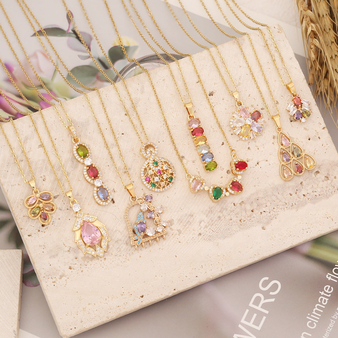 Elegant Brass Plated Leaf Heart Pendant Necklace with Cubic Zirconia Inlay
