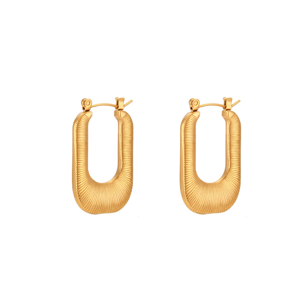 Minimalist Geometric Stainless Steel Plated 18K Gold Tone Hoop Earrings for Women with Striped Texture