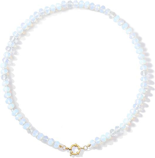 Sweet 8mm Natural Stone Bead Necklace Stainless Steel Geometric Round Ball Chain for Women
