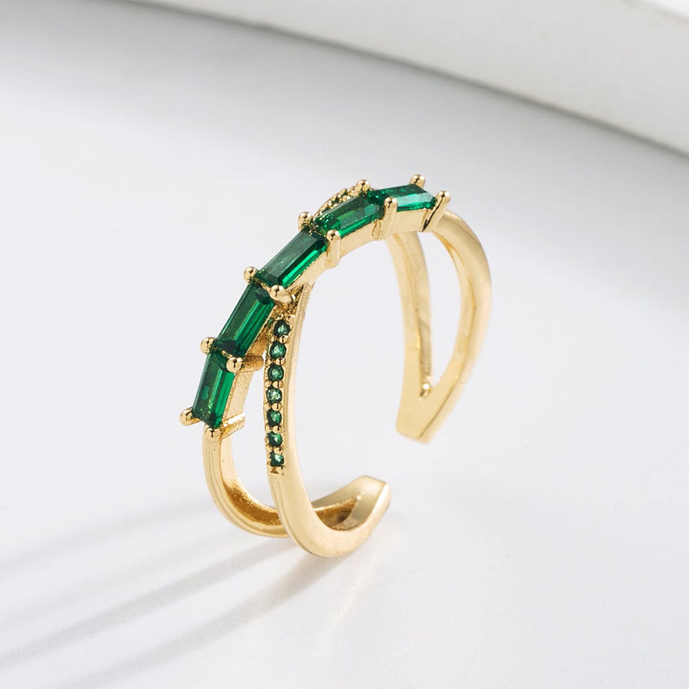 Anello regolabile da donna, elegante, geometrico, con base in rame placcata in oro 18K e zirconia micropavé