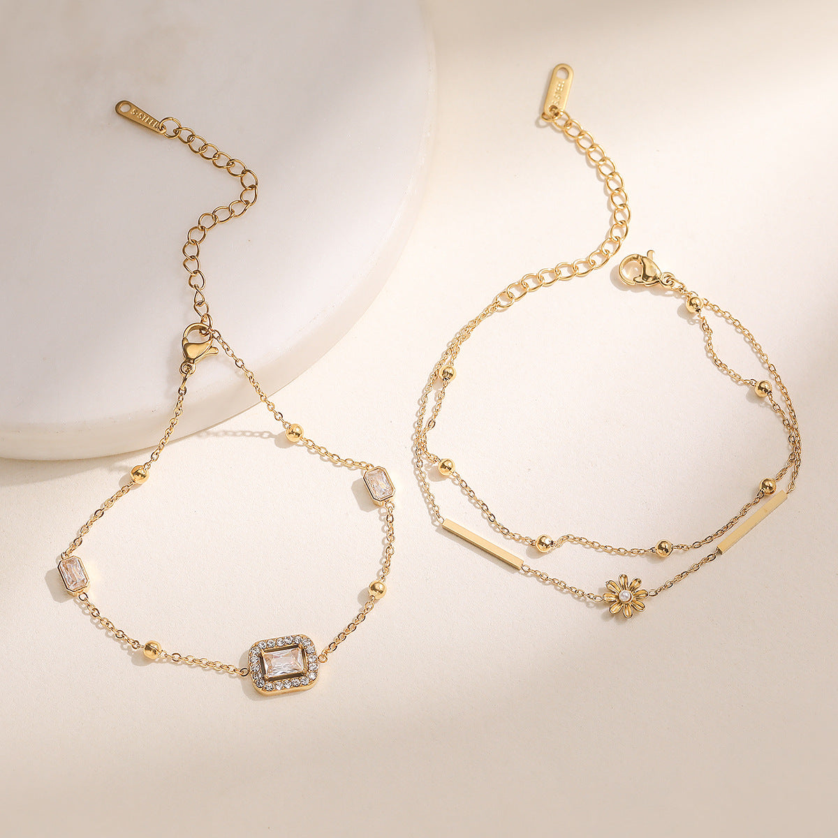 Minimalist Luxury 18K Gold Plated Geometric Stainless Steel Bracelet with Cubic Zirconia for Women