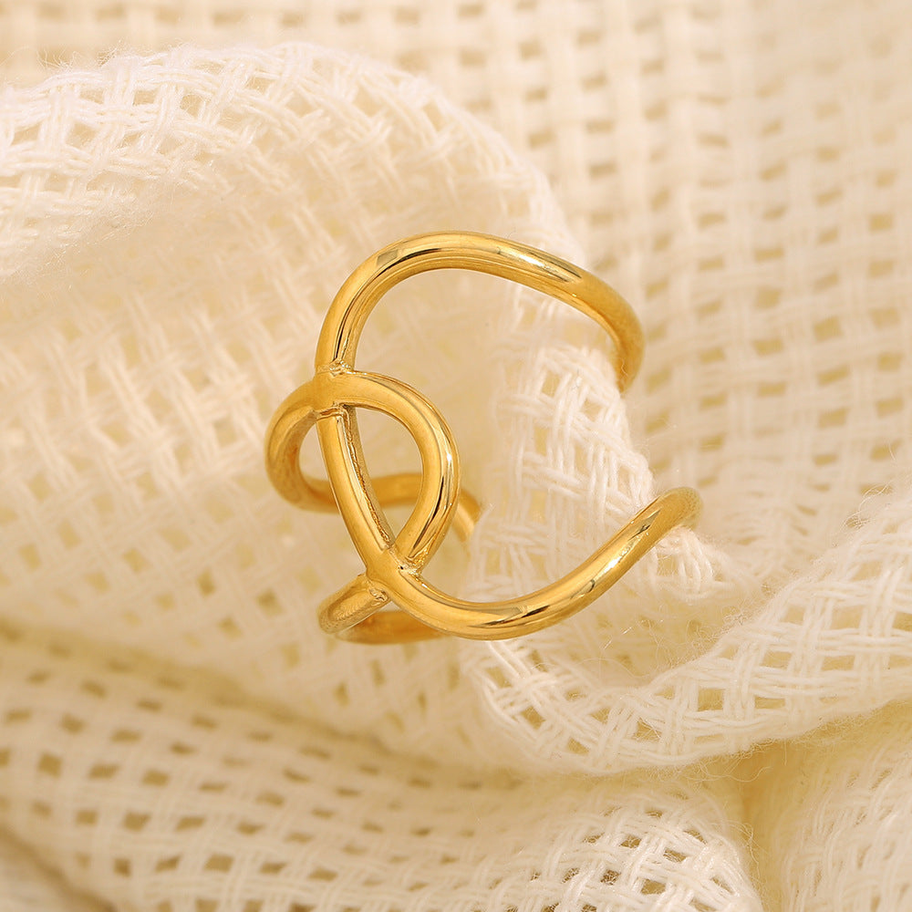 Minimalist Geometric Stainless Steel Ring with 18K Gold Plating, Adjustable Knot-Design Band for Women