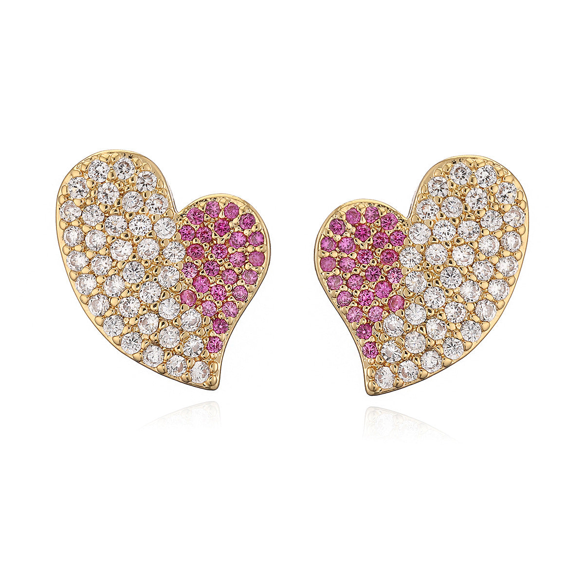 Minimalist Luxury 18K Gold Plated Brass Heart Stud Earrings with Cubic Zirconia