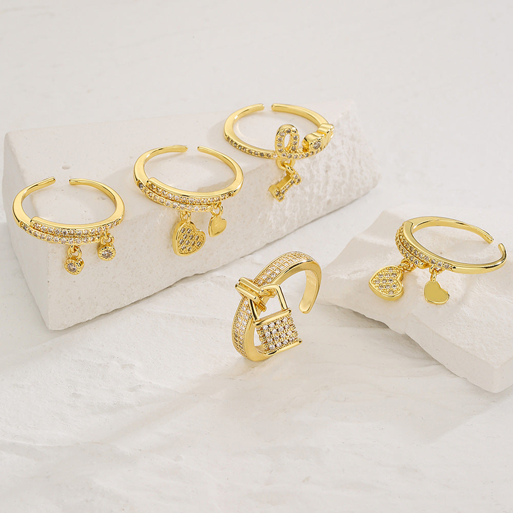 Anello geometrico in rame a forma di cuore con micro-pavé di zirconi per donna, fascia alla moda e unica