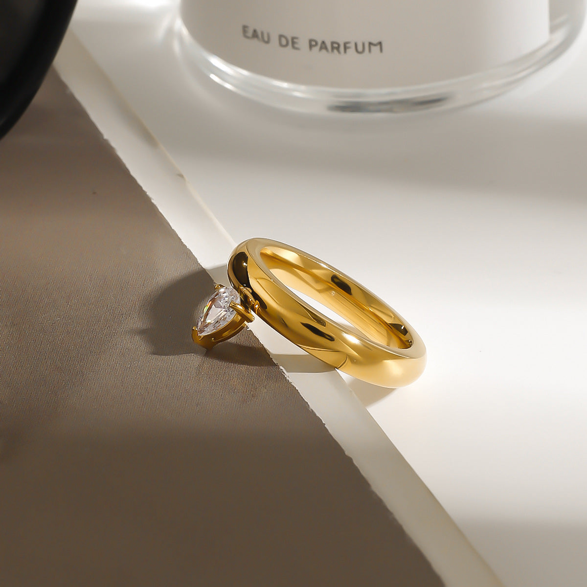 Geometric Stainless Steel Plated Ring with Cubic Zirconia for Women