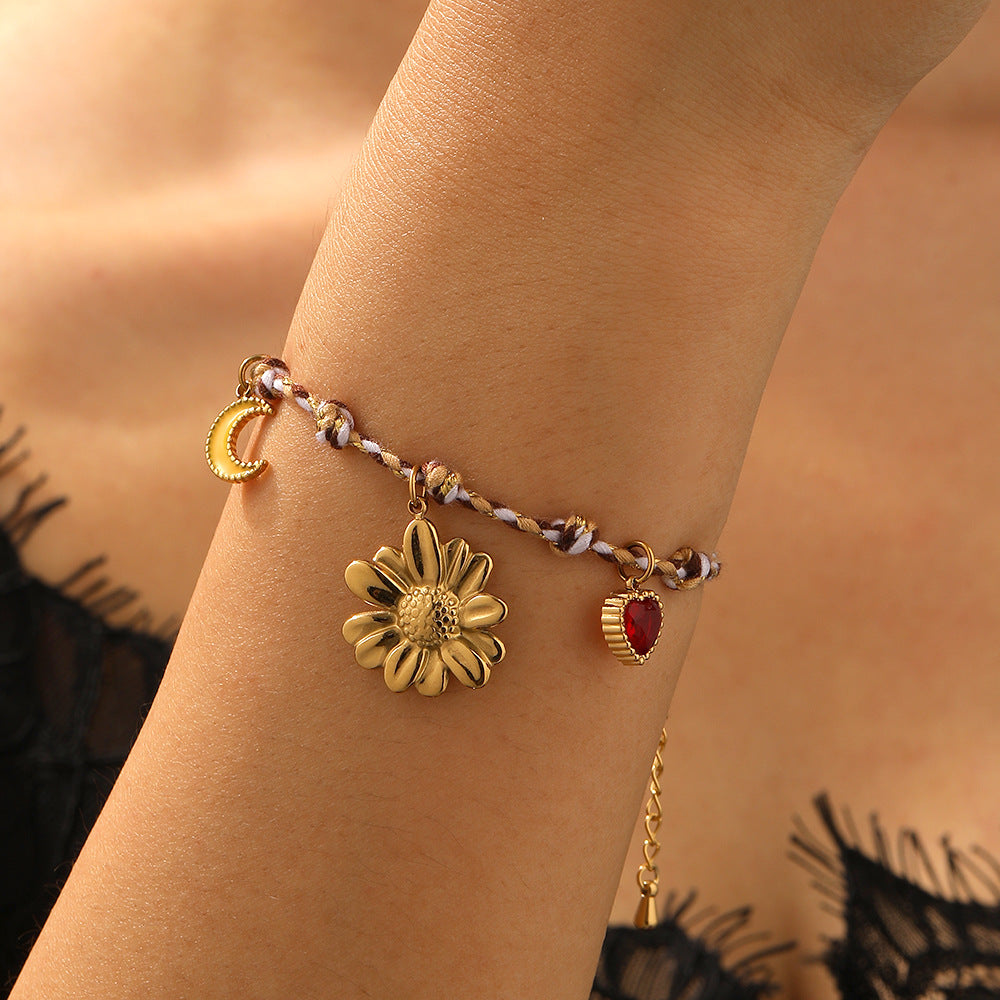 Bohemian Vintage Gold Plated Stainless Steel Charm Bar with Floral Star Moon Elements for Women