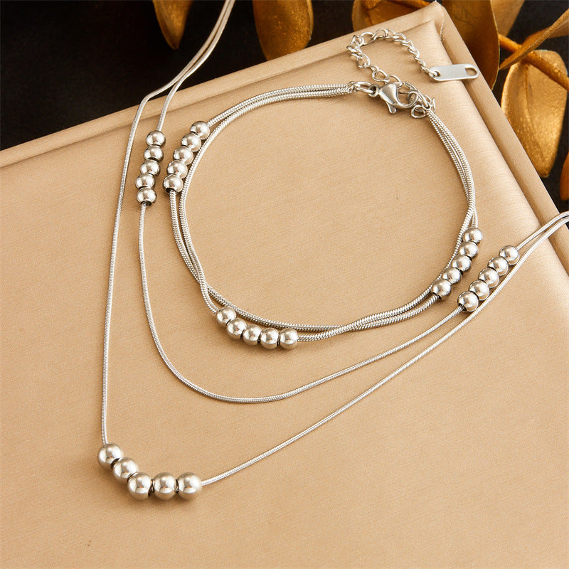 Minimalist Stainless Steel Snake Chain Beaded Sphere Bracelet and Necklace Set