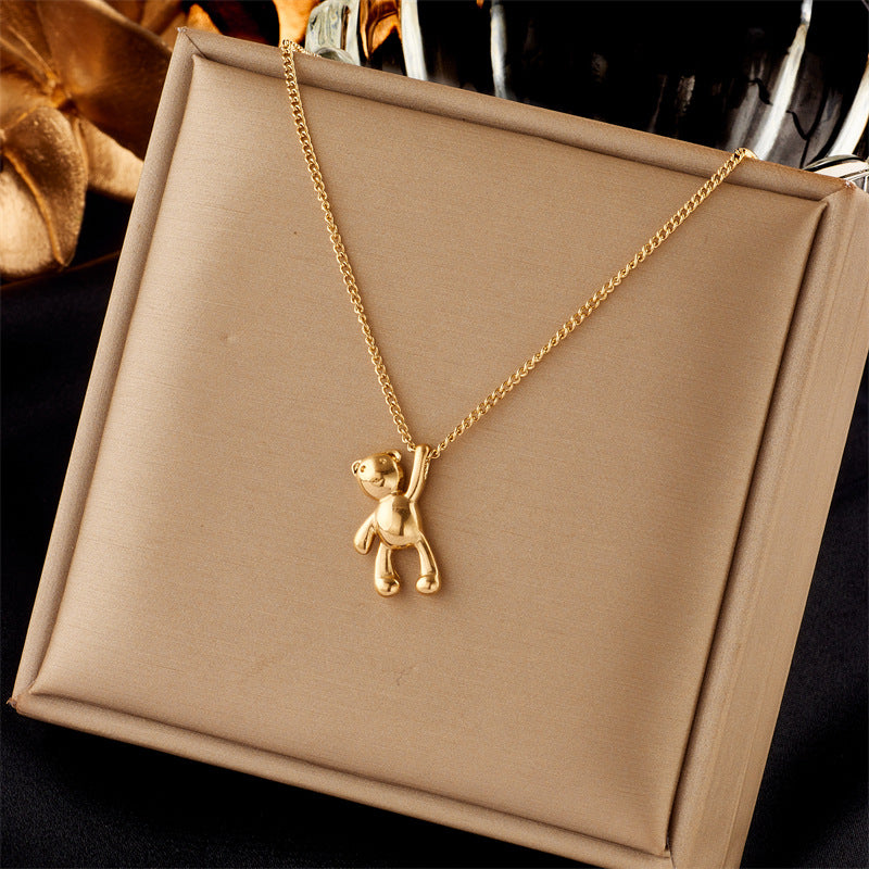 Cute 3D Bear Pendant Necklace in Titanium Steel with Polished Finish for Women