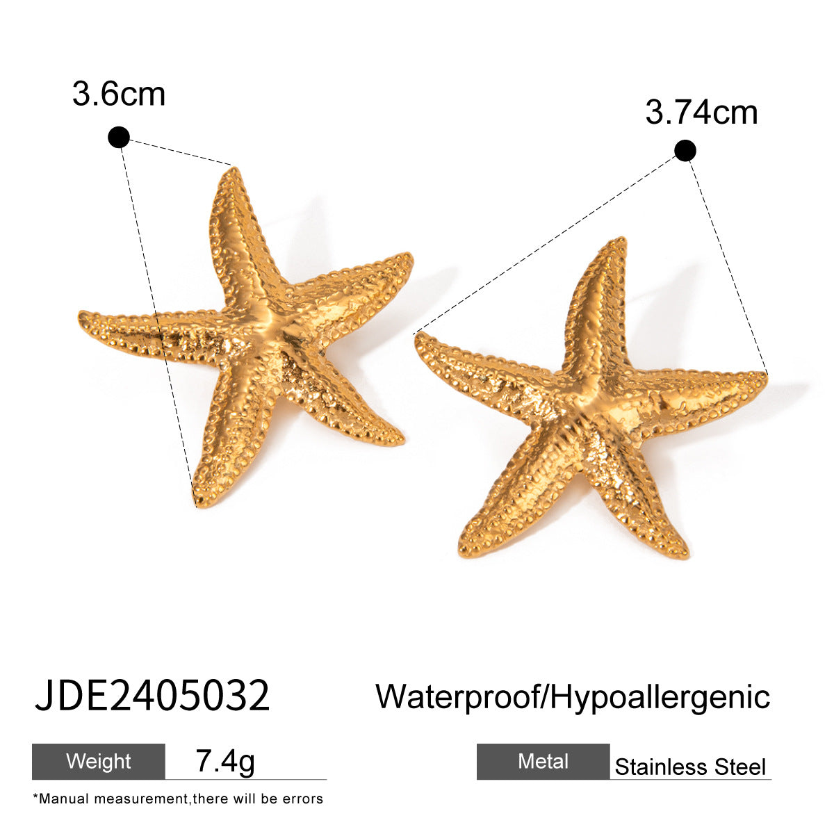 Gold Plated Stainless Steel Starfish Earrings for Women