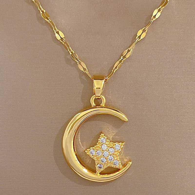 Minimalist Geometric Moon and Star Pendant Necklace for Women in Titanium Steel with Plated Finish