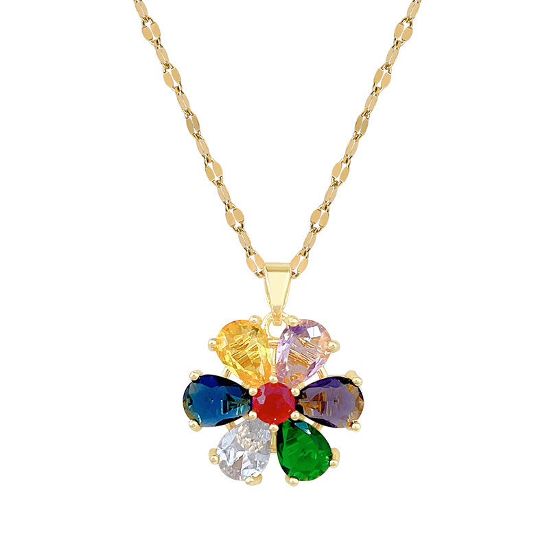 Sweet Elegant Geometric Floral Rhinestone Plated Titanium Steel Necklace with Brass Pendant for Unisex