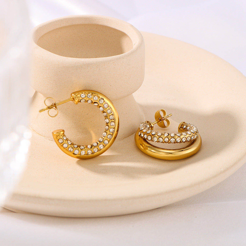 Aretes minimalistas de acero de titanio geométricos con baño de oro de 18 quilates y detalles de diamantes de imitación para mujer