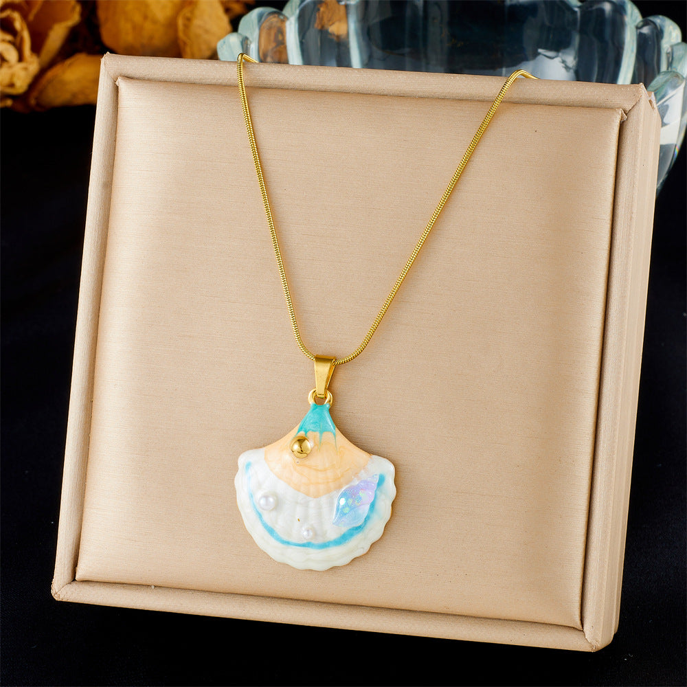 Stainless Steel Plated Star and Shell Pendant Necklace with Cable Chain for Women