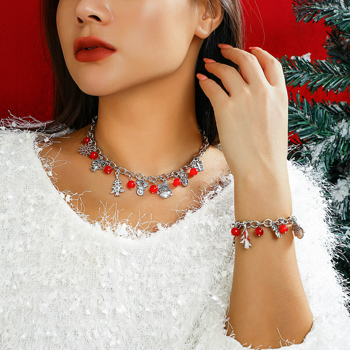 Collar Colgante Redondo Minimalista Rojo para Mujer con Motivos de Campana Navideña y Caja de Regalo, Aleación, Galvanizado, Diseño Geométrico