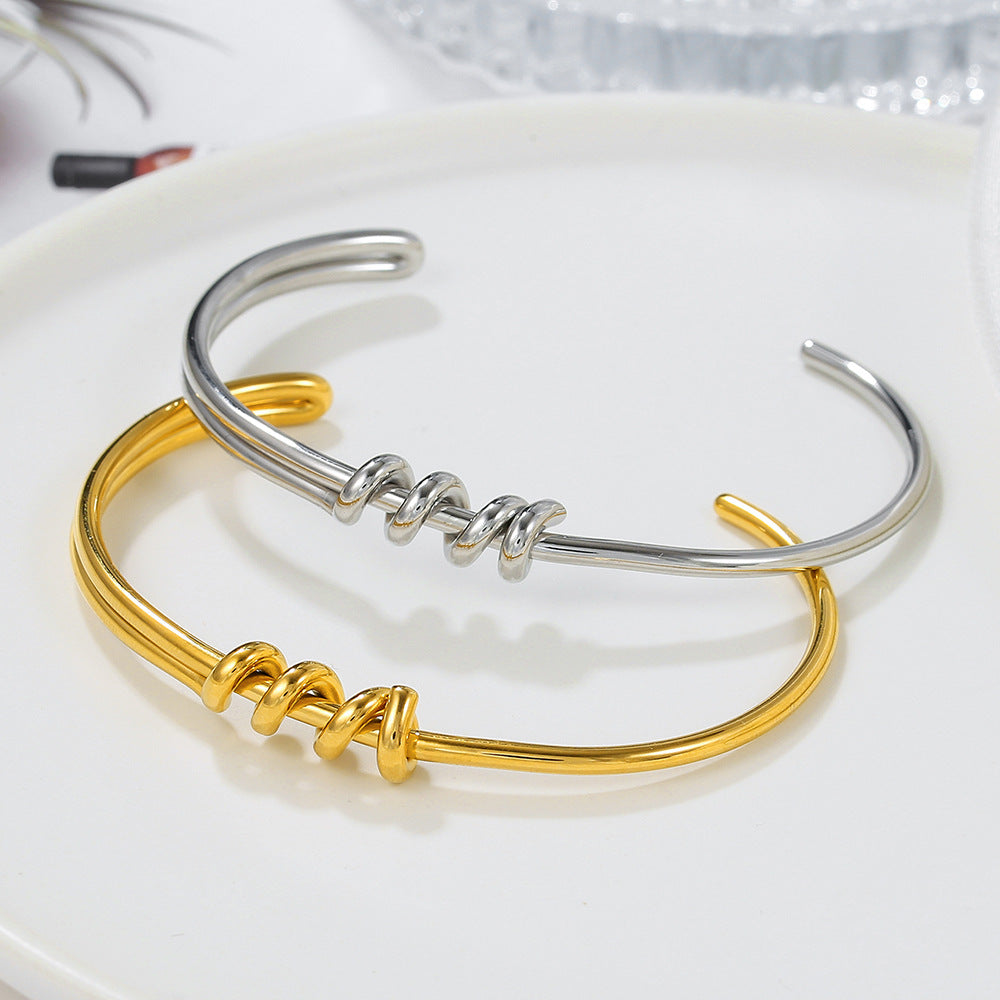 Minimalist Geometric C-Shape Knotted Round Stainless Steel Plated Open Bangle for Unisex