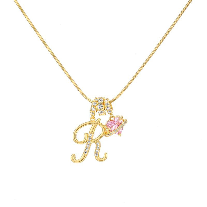 Sweet 22K Gold Plated Letter Titanium Steel Pendant Brass Cable Chain Necklace Unisex