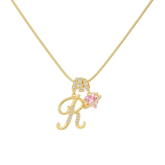Sweet 22K Gold Plated Letter Titanium Steel Pendant Brass Cable Chain Necklace Unisex