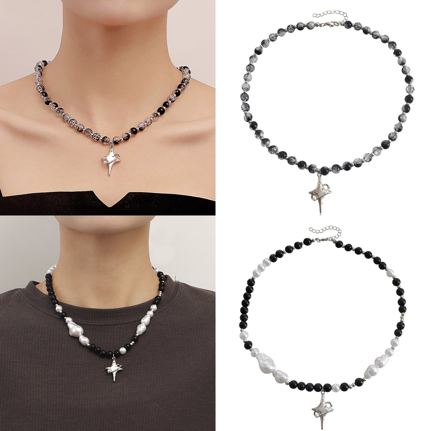Vintage-Style Geometric Black and White Beaded Cross Star Pendant Necklace for Women with Alloy Base and Plated Finish
