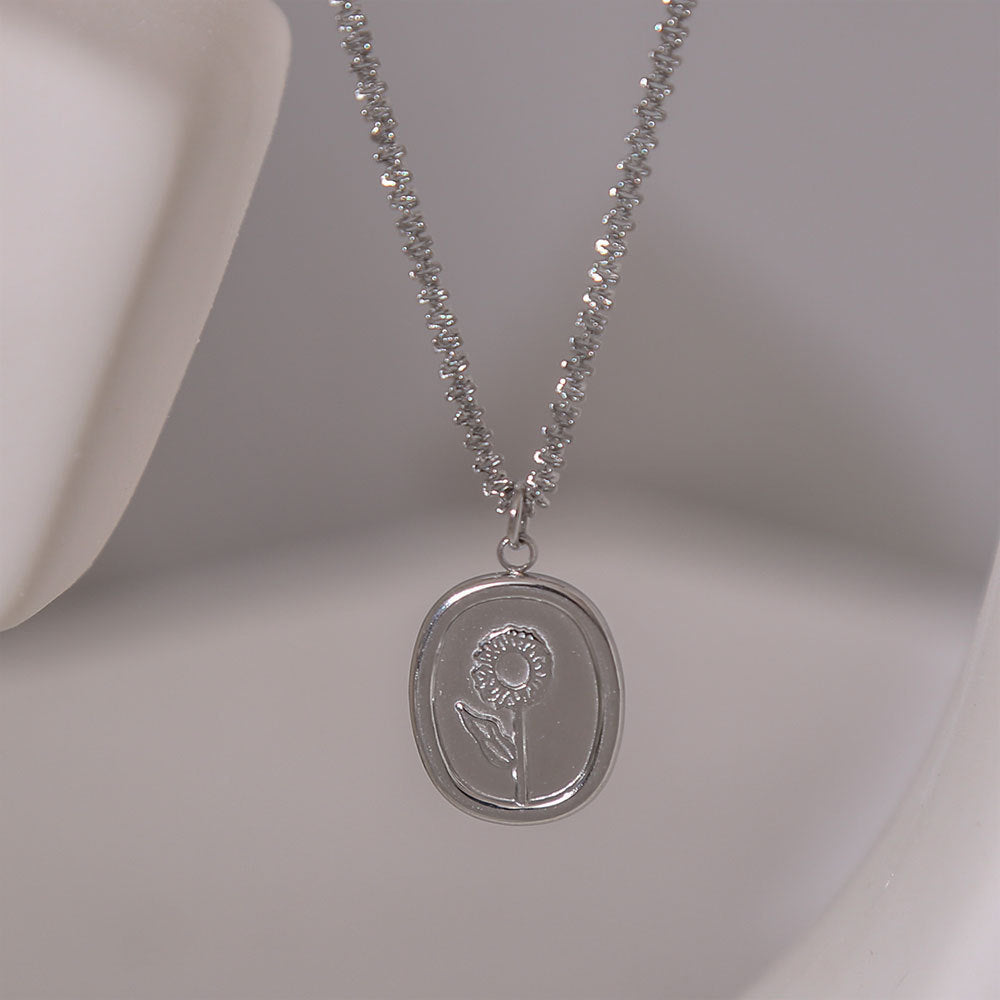 Collana Pendente a Specchio in Acciaio al Titanio con Incisione in Stile Francese Vintage da Donna con Ciondolo Quadrato Geometrico e Placcatura in Oro Rosa