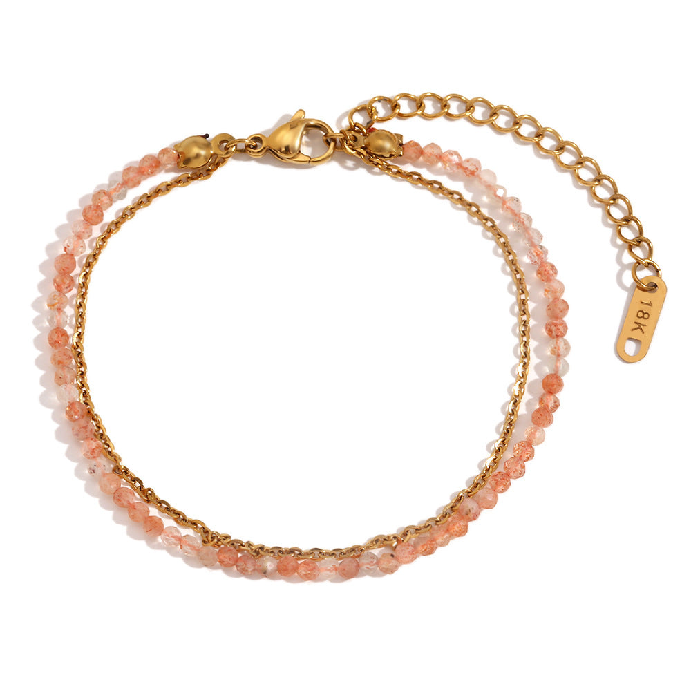 Fashion Geometric Stainless Steel Plated 18K Gold Turquoise Double Layer Anklet for Women