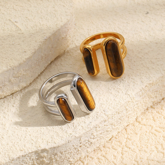 Minimalist Luxury 18K Gold Plated Stainless Steel Geometric Tiger's Eye Open Ring for Women