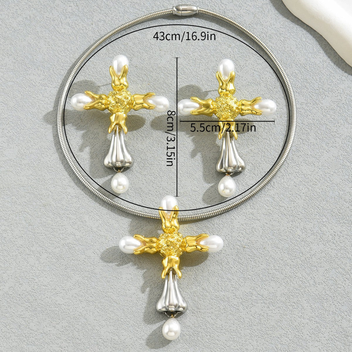 Fashionable Office Lady Style Cross Pendant Necklace and Stud Earrings Set in Copper with Pearl Inlay