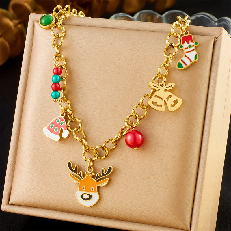 Sweet Cartoon Drip Oil Animal Pendant Stainless Steel Plated Cable Chain Jewelry Set for Women