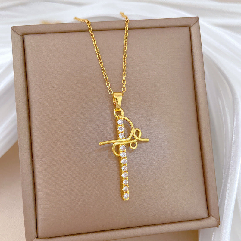 Sweet Minimalist Geometric Cross Rhinestone Pendant Titanium Steel Necklace for Unisex